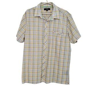 INC Mens Short-Sleeve Plaid Button-Down Shirt Yellow/Gray XL